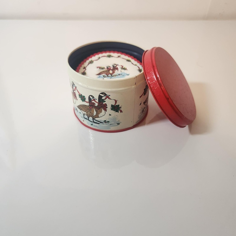 Vintage Christmas Goose Tin with Matching Coasters Holiday Decor Small Round Red